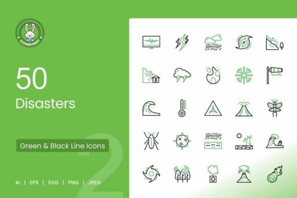 50 Disasters Green Black Icons for Graphics and Digital Projects