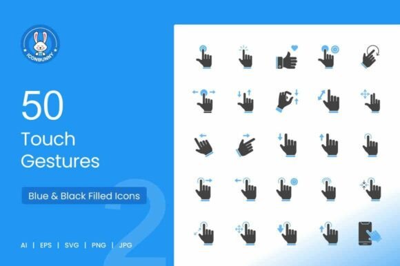 50 Touch Gestures Blue Black Icons for Modern Graphics