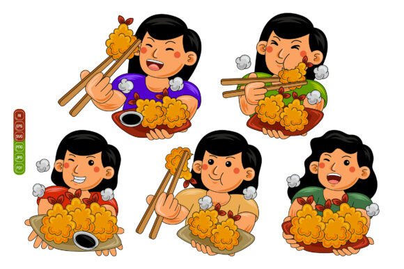 Woman Eating Tempura Vector Pack 02 – A Versatile Graphic Design Asset